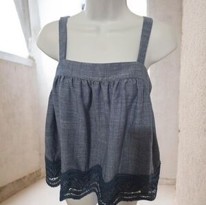 PARKER Blue Chambray Denim Lace Linen Flowy Boho Top Women's XS
